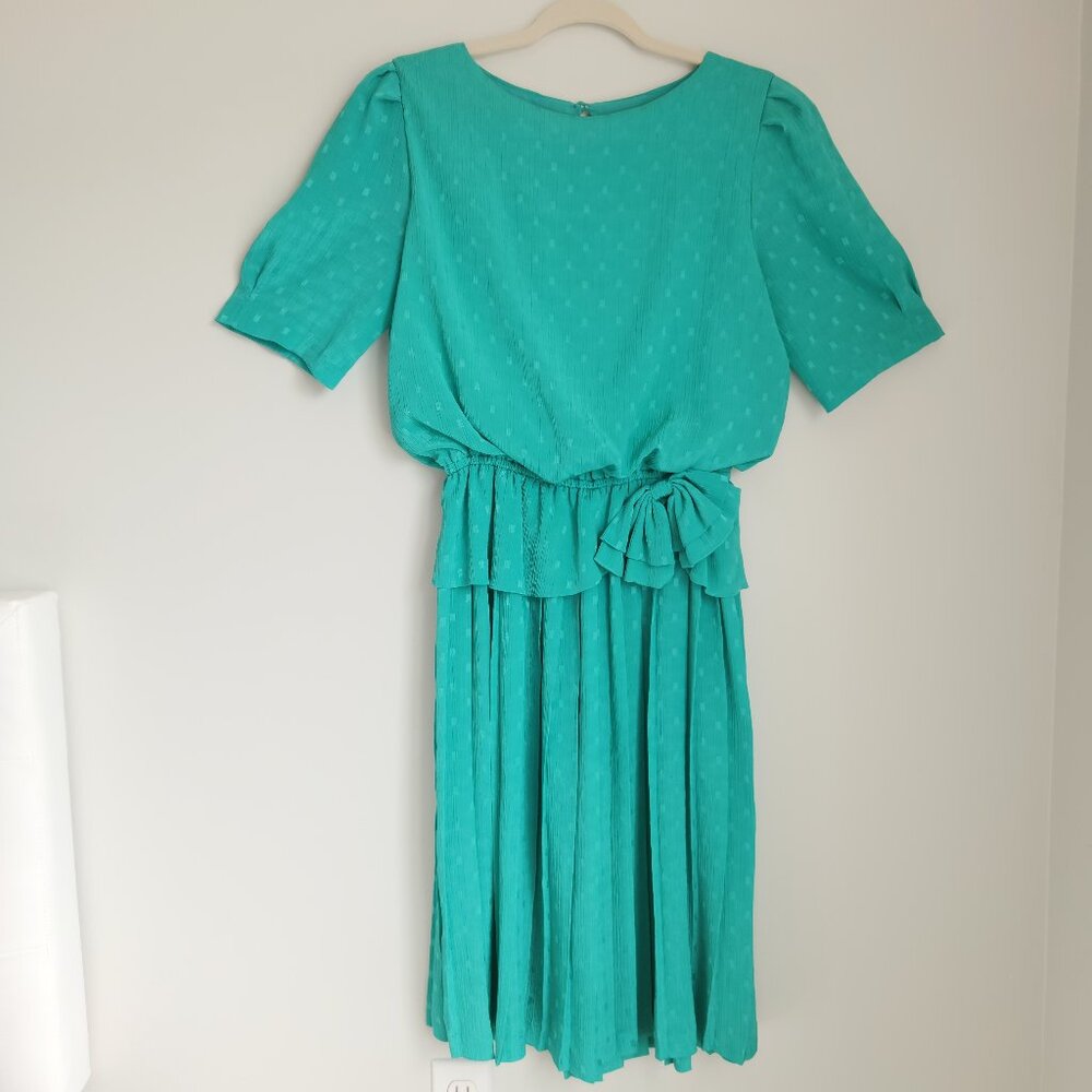 VTG Dim the Lites Petites 14 Bright Teal Pleated Skirt Midi Dress 80s Textured